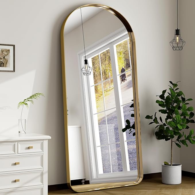 71''x30'' Large Arched Full Length Mirror, Floor Standing Stylish Full Body Mirror with Rounded Corners for Home Decor, Aluminum Alloy Frame Hanging Mirror for Wall, Gold