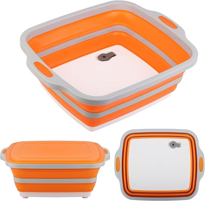 Collapsible Cutting Board with Container, Foldable Camping Sink with Colander, BBQ Prep Tub with Lid, Multifunction Dish Basin for Kitchen, Bowl, Vegetable and Fruit, 2.11 Gal/8L Storage Basket