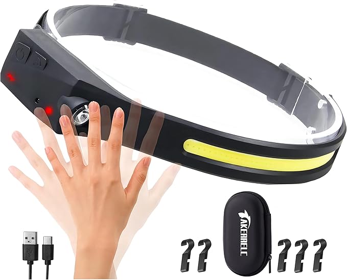 Headlamp, Rechargeable LED Headlamp with Motion Sensor, Up to 1200 lumens and 10 Hours Runtime, 10 Clips and 2 Cases, Waterproof Camping Gear for Hiking, Fishing, Cycling, Repairing