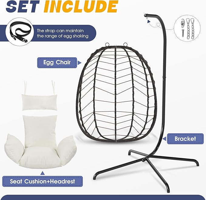 Egg Chair with Stand, Patio Wicker Bifanuo Hanging Chair, Hammock Swing Chair, 350LBS Capacity for Bedroom, Balcony, Garden(BR-BE)