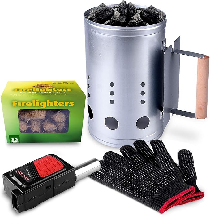 homenote Rapid Charcoal Chimney Starter Set Fireplace Accessories Lighter Cubes BBQ Heat Resistant Gloves Blower BBQ Tools（11.5" x 7" x 7"）