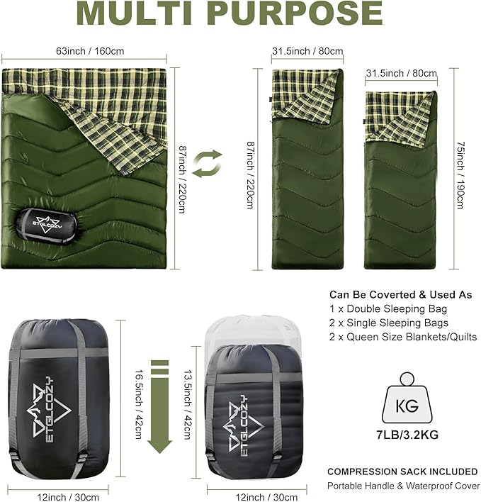 Double Sleeping Bag for Adults Kids, XL Queen Size 2 Person All Season for Warm & Cold Weather, Lightweight Compact with Compression Sack Camping Essentials for Backpacking Hiking