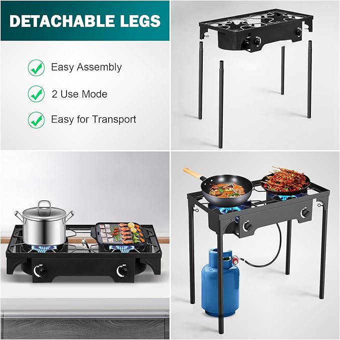 2 Burner Propane Gas Stove | 150,000 BTU High-Pressure Heavy-Duty Camping Stove with Regulator, Detachable Legs | Portable for Outdoor, Backyard, Patio BBQ, Baking, Frying, Brewing, Tailgating