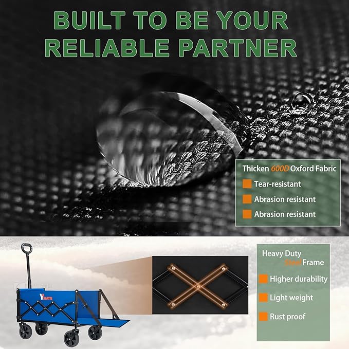 Collapsible Folding Wagon Cart with Tailgate - 300lbs Heavy Duty Foldable Utility Wagon and Brake Wheels - 100L Lightweight Grocery Wagons for Shopping Camping Sports Garden, Blue