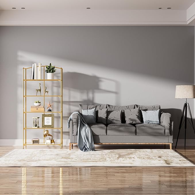 Crofy No Assembly Folding Bookshelf for Living Room, 5 Tier Gold Collapsible Book Shelf for Home Office, Portable Bookcase Storage Organizer