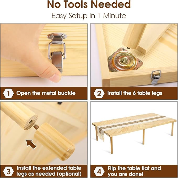 Folding Picnic Table with Table Runner, Portable Boho Low Picnic Table for Indoor Outdoor, 60" x 30" Wooden Table with Adjustable Heights for Camping, Wedding, Beach, Garden, Party(Large Size for 6)