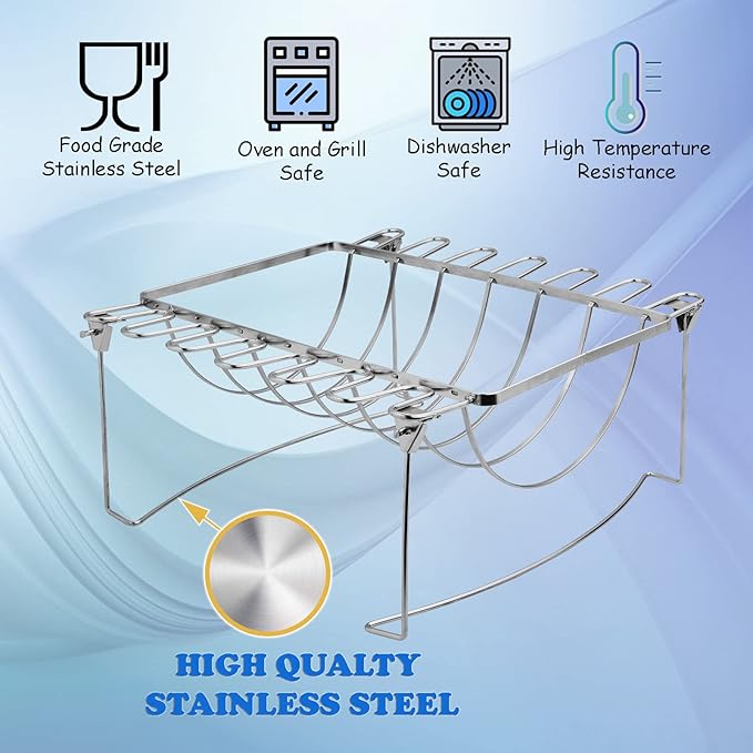 3-in-1 Rib Rack for Smoking & Chicken Leg Rack for Grill - Holds 6 Large Ribs, 12 Chicken Leg Wing, 1 Whole Chicken - Premium Foldable Space-Saving Chicken Drumstick Rib Racks for Grilling & Smoking