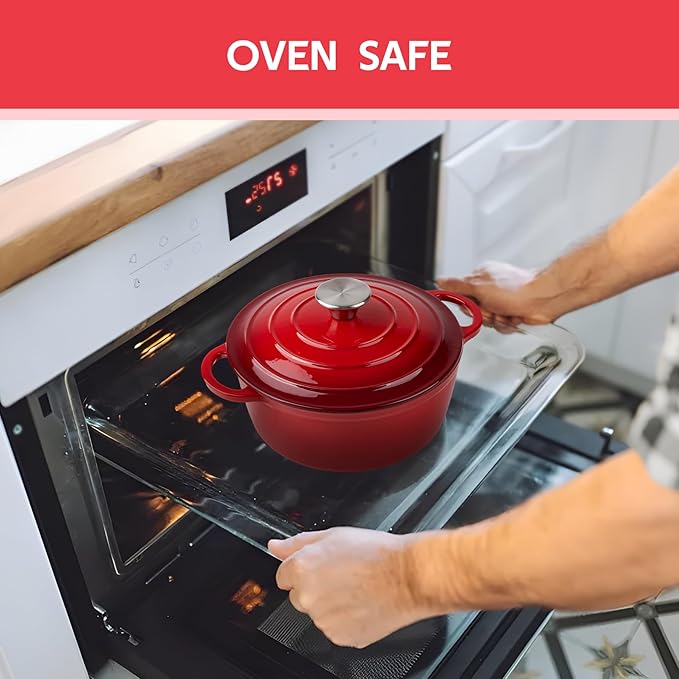 4.5 Quart Dutch Oven Enameled Cast Iron with Lid - Big Dual Handles - Oven Safe up to 500°F - Classic Round Pot for Versatile Cooking Red
