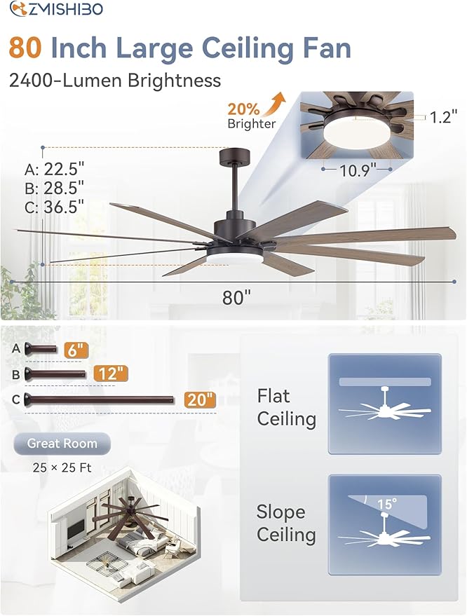 ZMISHIBO 80 Inch Industrial Ceiling Fan, Indoor/Outdoor Ceiling Fans with Large LED Panel, Quiet Reversible DC Motor, 6-Speeds, 3CCT, Brown Farmhouse Ceiling Fan for Patio, Livingroom, Garage