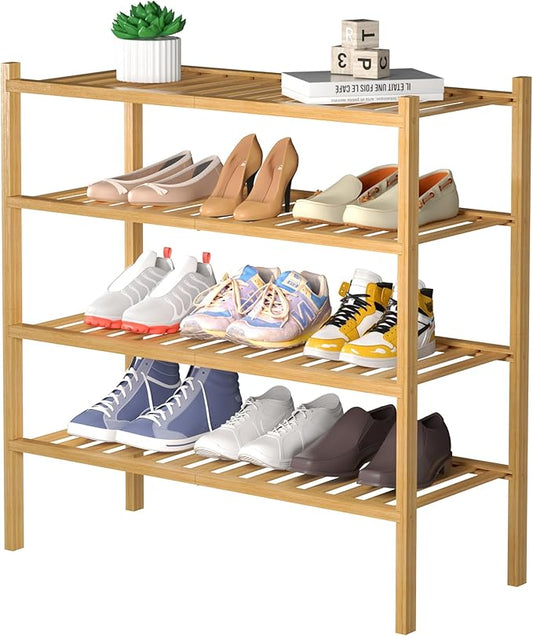 4 Tier Bamboo Shoe Rack for Closet Free Standing Wood Shoe Shelf for Entryway Small Space Stackable 27"x11"x26" (Natural)