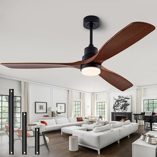 56" Wood Ceiling Fan with Light and Remote Control, Indoor Outdoor Wooden 3 Blades Ceiling Fan for Patio Living Room, Bedroom, Office,Reversible DC Motor(Black+Dark Walnut)