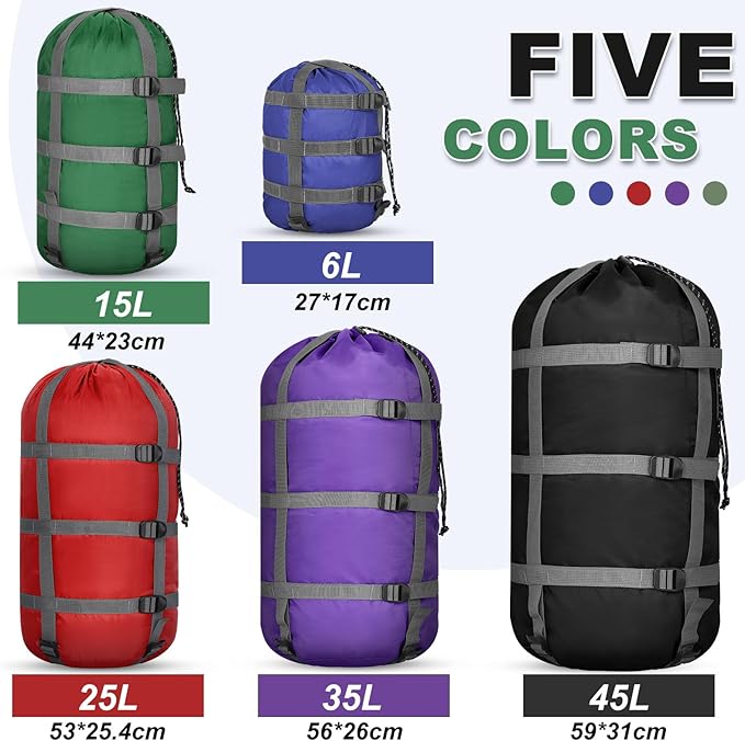 5 Pack Compression Stuff Sack 5 Assorted Size Sleeping Bag Stuff Sack Ultralight Sleeping Bag Cover Space Saving Gear for Travel Outdoor Camping Hiking Backpacking