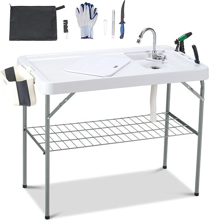 Dragosum Outdoor Sink Fish Cleaning Table Portable Camping Table with Faucet Hose Hook Up Grid Rack, Fish Fillet Camping Sink Table with 7pc Fish Cleaning Kit for Picnic Beach Patio(Grey)