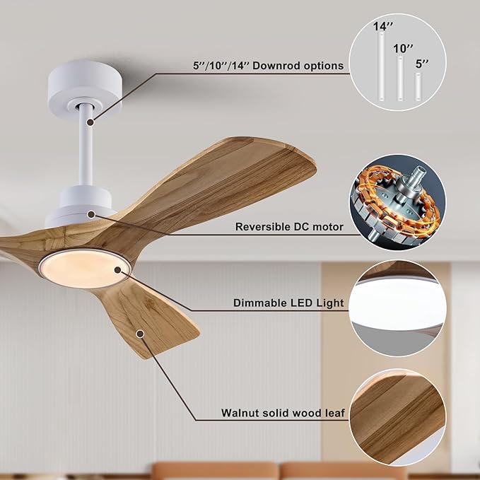 42" Wood Ceiling Fan with Lights Remote Control,Quiet DC Motor 3 Blade Ceiling Fans for Patio Living Room, Bedroom, Office,Indoor Outdoor(Raw wood+White)