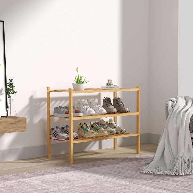 3 Tier Bamboo Shoe Rack for Closet Free Standing Wood Shoe Shelf Storage Organizer for Entryway Small Space Stackable 27"x11"x20" (Natural)