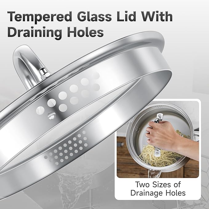 3.5 Quart Stainless Steel Saucepan with Steamer Basket, Tri-ply Full Body, Multipurpose Sauce Pot with Two-Size Drainage Holes Lid, Perfect For Boiling Gravies, Pasta, Noodles