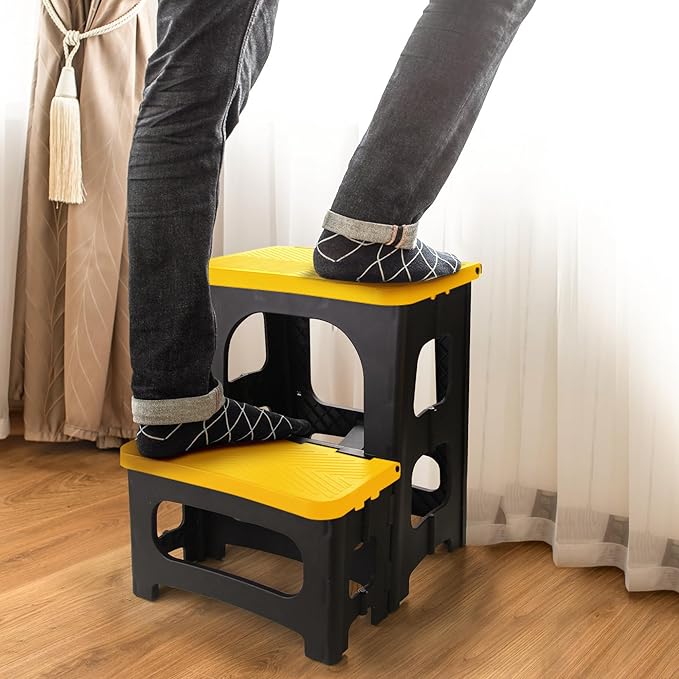 Folding 2-Step Stool, Non-Slip Portable Footstool 8" & 17" Dual Heights, Holds 250 lbs, Portable Footstool for Kitchen Home Toilet Bedroom Office Bathroom RV(Yellow)
