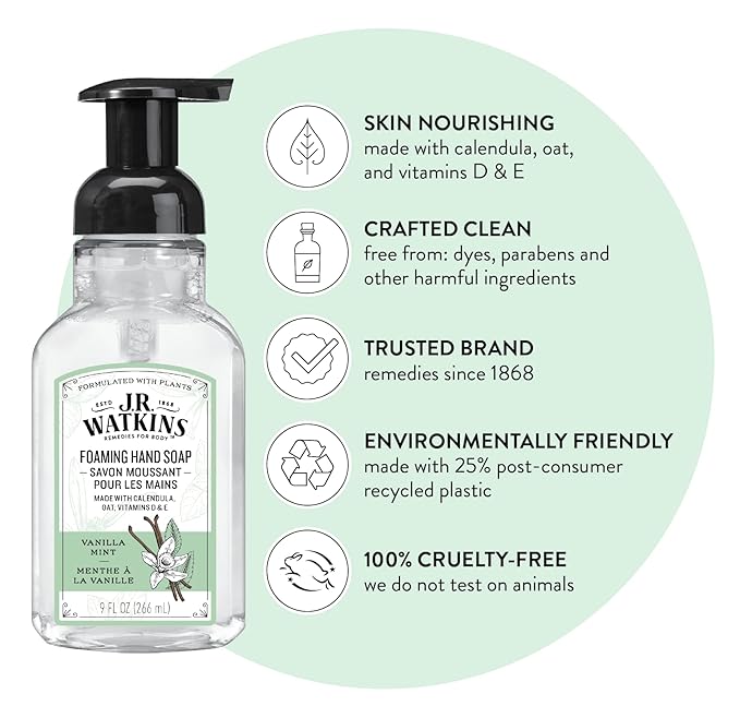 J.R. Watkins Foaming Hand Soap Pump with Dispenser, Moisturizing Hand Soap Foam, Alcohol-Free and Cruelty-Free, Use for Kitchen or Bathroom, Vanilla Mint, 9 fl oz, 3 Pack