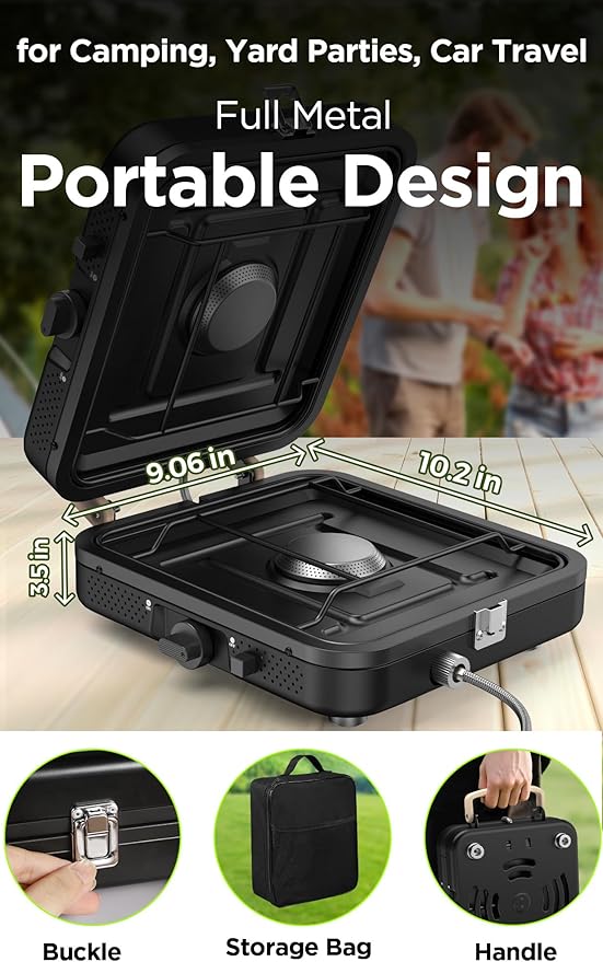 2 Burner Portable Propane Camping Stove, 2×5000 BTU Metal Compact Foldable Gas Burners Outdoor Cooking Stove with CGA600 5430 Propane Hose, Adjustable Flame, for Camping, Tailgating, Cooking Outdoor