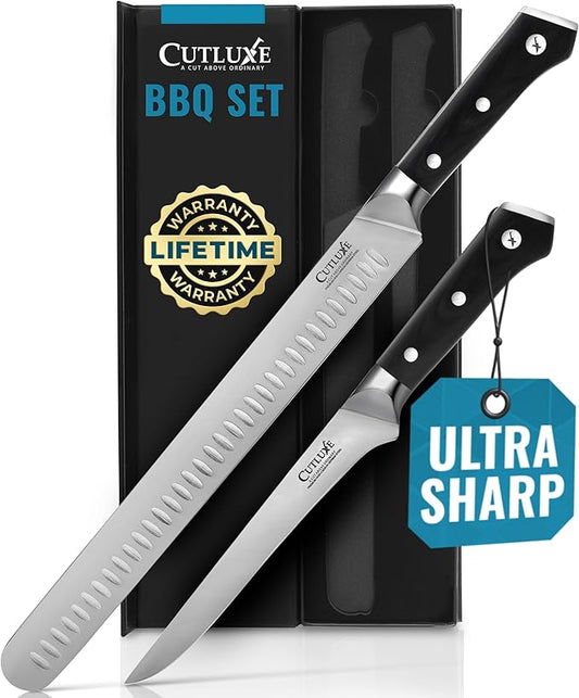 Cutluxe BBQ Carving Knife Set – Brisket Slicing and Boning Knife for Meat Cutting – Professional Knife with Razor Sharp German Steel, Full Tang, Ergonomic Handles – Artisan Series
