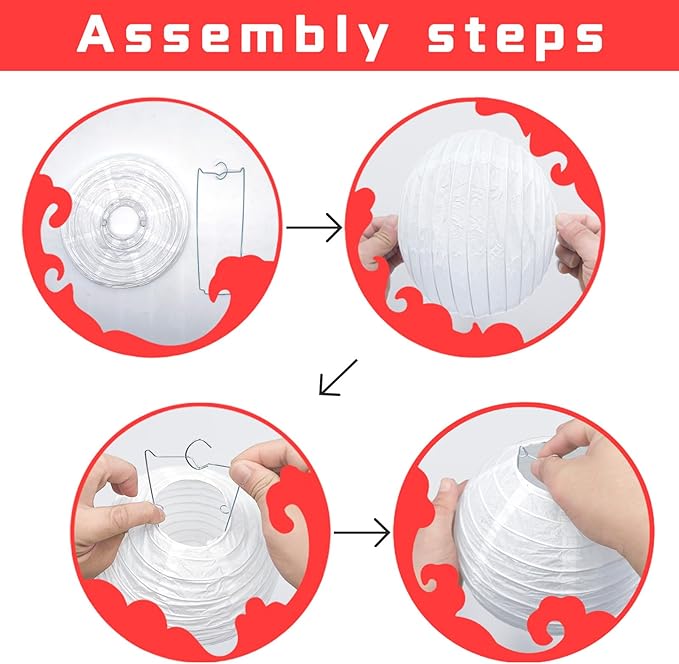 12Pcs Round Paper Lanterns Assorted Sizes (6" 8" 10" 12") for Home Decor, Restaurant, Church, Wedding, Birthday Party Decorations, Hanging Chinese Japanese Paper Lantern Lamps (White and Red)