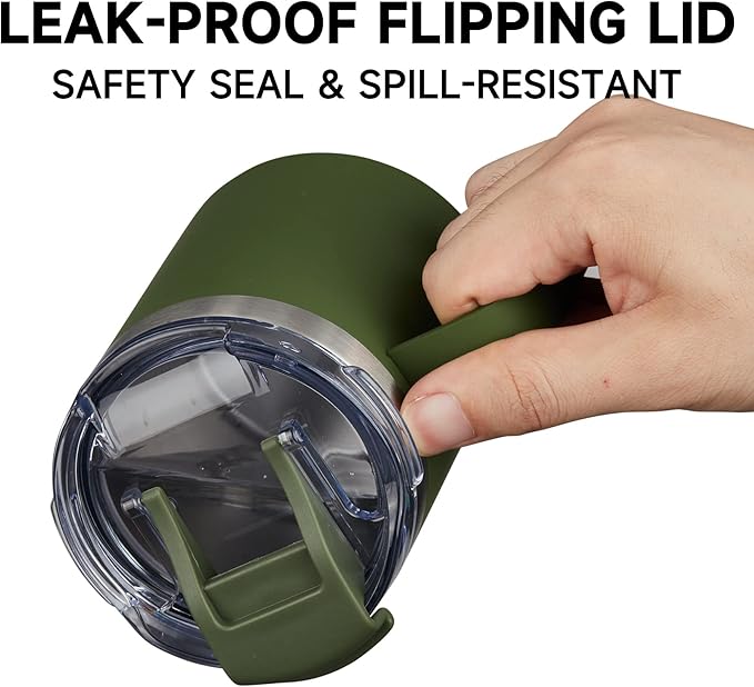 ALOUFEA 12oz Insulated Coffee Mug Cup with Handle, Stainless Steel Travel Coffee Mug with Flip Lid, Double Wall Vacuum Coffee Tumbler, ArmyGreen