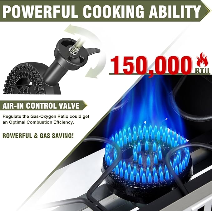 BESTFIRE 2 Burner Propane Gas Stove Outdoor Cooking Station – 150,000 BTU Double Cast Iron Burner with Auto Ignition, Regulator, Side Shelves & Wheels – Portable No-Windshield Design for Camping