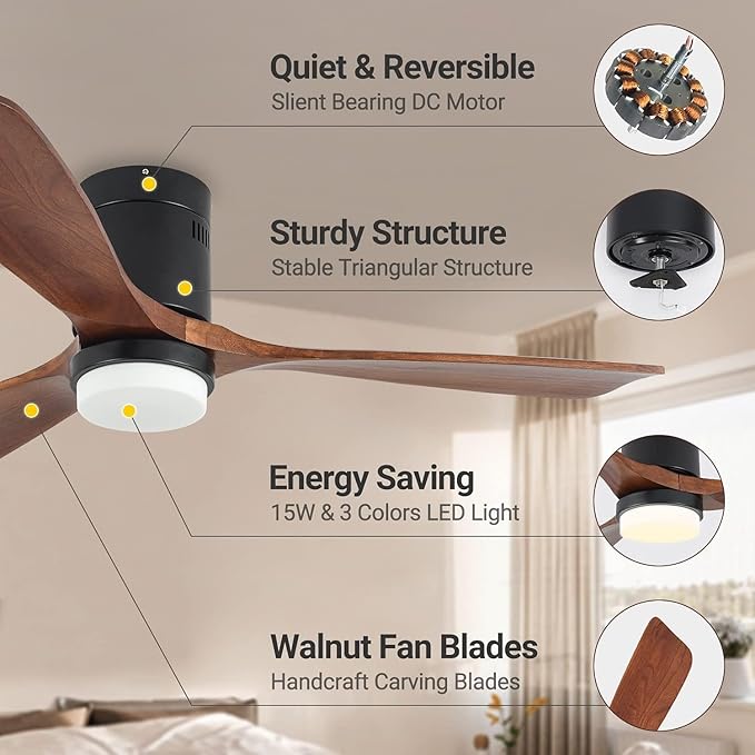 Ceiling Fans with Lights, 52" Wood Ceiling Fan with Remote Control, 3 Walnut Fan Blades Reversible Quiet DC Motor 6 Speeds Timing Farmhouse Ceiling Fan for Bedroom/Living Room/Study/Porch