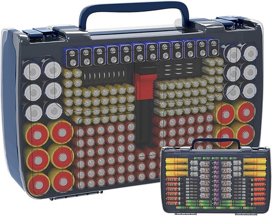 Battery Organizer Storage Holder Box Case with Tester- 269 Batteries Double-Sided Variety Pack, Holds AA AAA 4A C D Cell 9V 3V Lithium LR44 CR2 CR123 CR1632 18650 Button- Blue (Box Only)