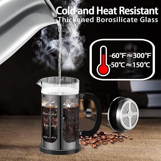 French Press Coffee Maker (21oz 600ML 3-4Cup) Coffee Press, with 4 Filters System, Heat Resistant Thickness Borosilicate Glass, Cold Brew Coffee Tea Pot Gifts (Bright Black)
