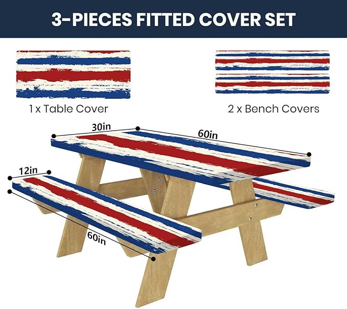 CAPSCEOLL Elastic Picnic Table Cover with Bench Covers 5Ft Waterproof Fitted Picnic Table Cover Cloths for Outdoors Camping Tablecloth with Drawstring Bag, 60X30in, Red Blue