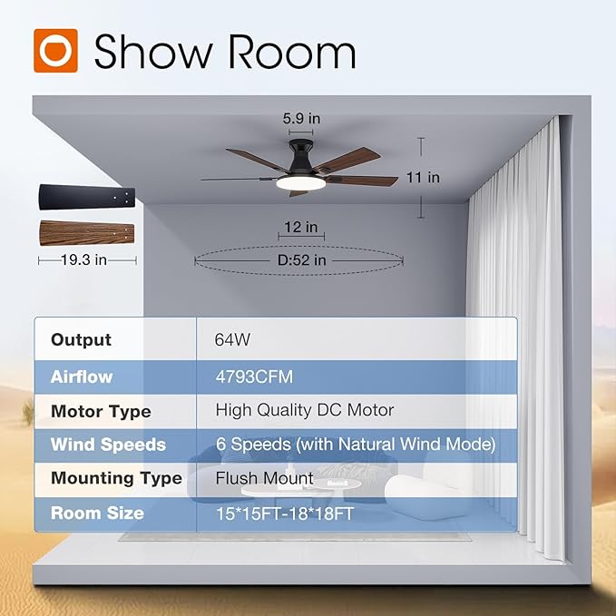 addlon Ceiling Fans with Lights, 52 inch Flush Mount Ceiling fan with Remote Control, Wall Remote, Reversible, 5CCT, Dimmable, Noiseless DC Motor, Black Low Profile Ceiling Fan for Bedroom, Farmhouse