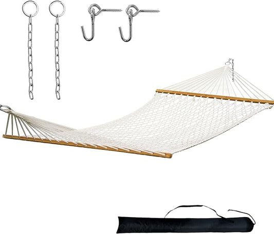 Double Hammock for 2 Person, Handwoven Cotton Rope Hammock with Spreader Bar Without Stand - Indoor & Outdoor Use for Patio, Poolside, Backyard (Off White)