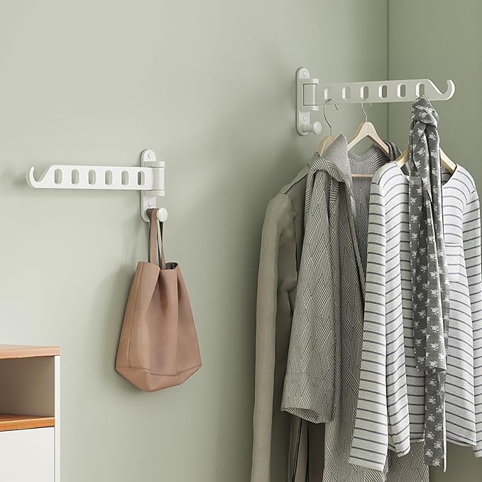 Laundry Drying Rack Wall Mounted - Swing Arm Clothes Hanger with 6-Hole, 180° Rotation Coat Hanger Holder, Foldable Valet Hook for Laundry Closet (2-Pack, White)