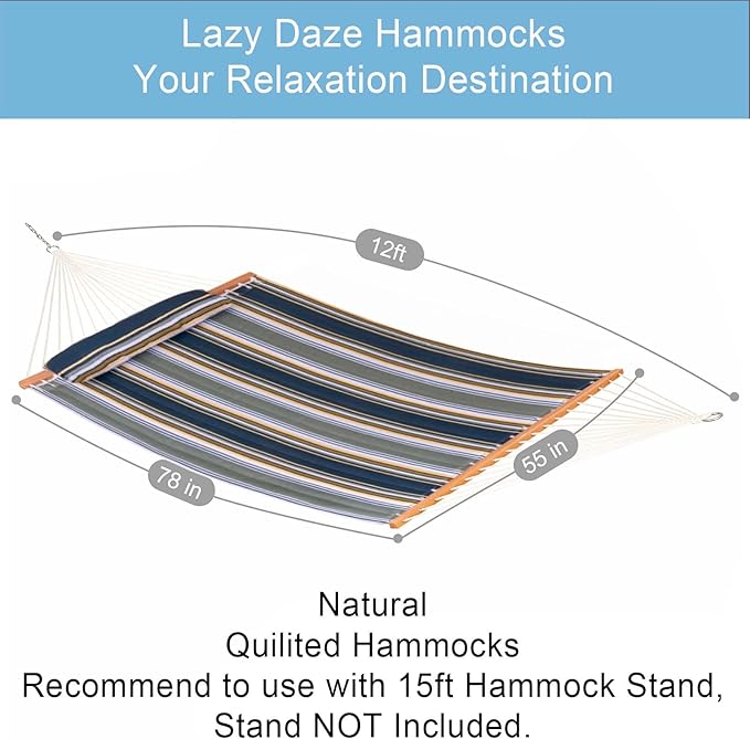 Lazy Daze 12 FT Quilted Fabric Hammock with Spreader Bar, 2-Person Double Hammock for Outside Patio Poolside Backyard Beach, 450 lbs Capacity, Forest