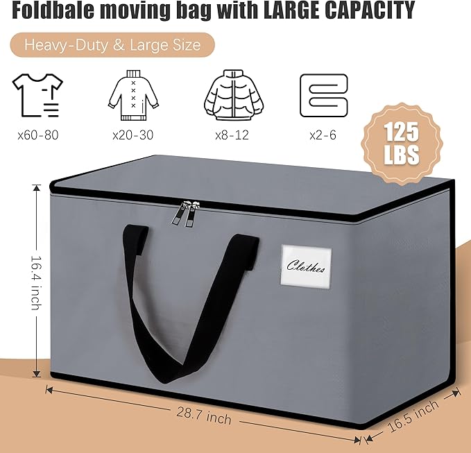 Heavy Duty Moving Bags - Extra Large Packing Bags and Storage Totes, Collapsible and Foldable Option for Moving and Storage, Grey, 125 L - 18 Pack