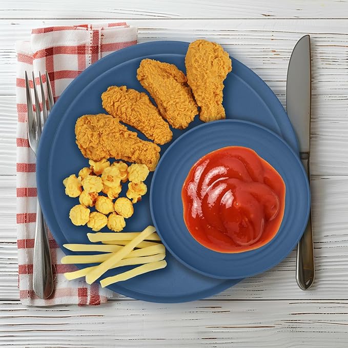 40Pack plates and bowls sets for kids - Unbreakable wheat straw dinnerware sets service for 8 - Alternative plastic 40pcs dishes for kitchen, camping and indoors dinning - (Blue)