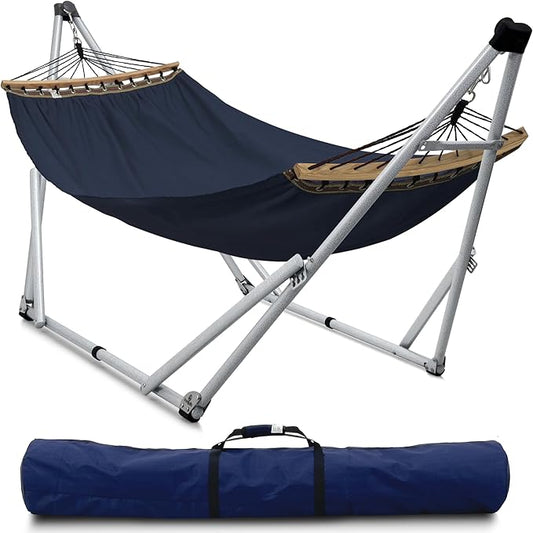 Tranquillo Ultimate Relaxation Portable Hammock Stand, Foldable Hammock Stand with Canvas Hammock, Spreader Bar, Quick Fold Unfold in 30 Seconds Steel Frame Hammock 600 lbs Capacity, White Frame, Navy