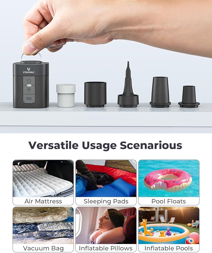 ETENWOLF AIR 3 Air Pump for Inflatables with 2600 mAh Battery & Camping Light, Ultra-Fast and Mini Electric Air Pump, Inflate Deflate for Air Mattress, Pool Floats, Vacuum Storage Bags