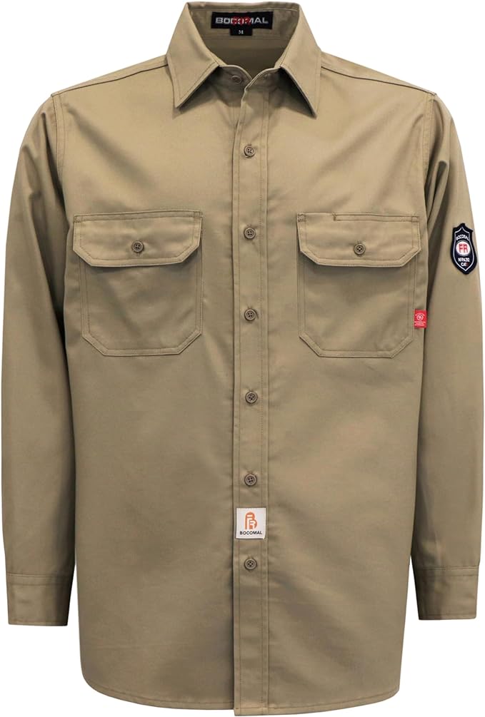 BOCOMAL FR Shirts Flame Resistant 100% C NFPA2112 7.5oz Men's Fire Retardant Welding Shirt