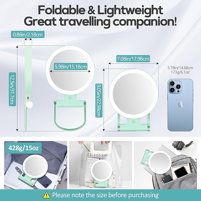 B Beauty Planet Magnifying Mirror with Light 30X, Double-Sided 1X/30X Magnifying Makeup Mirror with Tweezer, 2000mAh 3 Colour Modes with Adjustable Brightness,Foldable Travel Mirror(Mint Green)