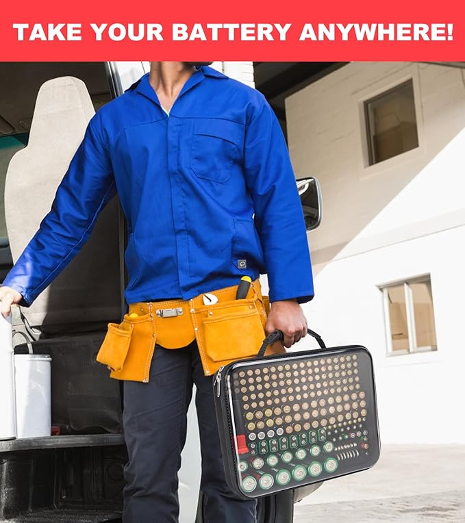 Battery Organizer Storage Case with Tester,Stores & Protects Up to 200+ Batteries, Clear Cover with Easy Carry Handle, Garage Gadget Organization Holds AA AAA C D 9V