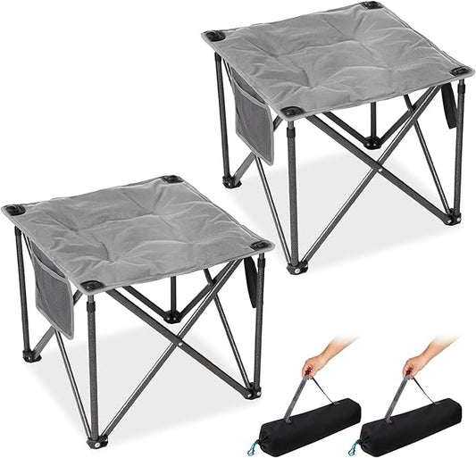 FUNDANGO Folding Camping Stool, 2 Pack 18.1 Inch Oversized Foot Rest 440 Lbs Heavy Duty Portable Padded Stools Seat Anti-Slip Foots & Carry Strap for Fishing Outdoor Lawn Travel (Grey)