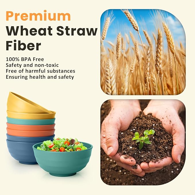 Homienly Wheat Straw Bowl Set, Large Salad Bowls Set of 8-60 OZ Large Capacity Big Bowls, Unbreakable Popcorn Bowl, Microwave and Dishwasher Safe Bowl for Kithchen, Camping, Party - Multi, Matte
