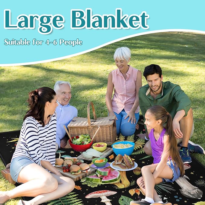 Mushroom Picnic Blankets Waterproof Foldable, 80″X80″Thick Three Layer Picnic Mat Outdoor Blanket for Grass, Large Beach Blanket Sandproof Picnic Accessories for Camping Party Park Patio