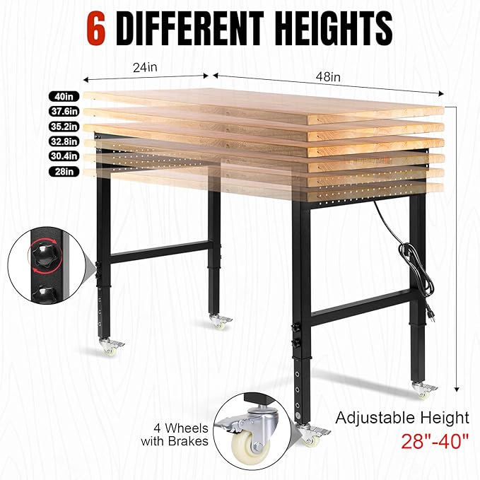 48" L×24”W Adjustable Workbench with Wheels, 28”-40”Height Heavy Duty Table 2000 LBS Load Capacity, Work Bench with Power Outlet & Pegboard, Rubber Wood Work Table for Garage, Office, Workshop