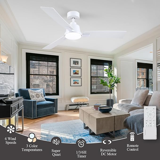 52 Inch Ceiling Fans with Lights,Low Profile Ceiling Fan,Modern Flush Mount,Reversible 6 Speeds,3CCT Dimmable Noiseless White Ceiling Fans for Living Room,Bedroom and Patio,ETL Listed