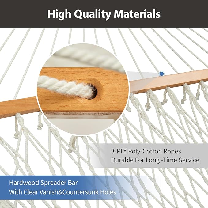 Outdoor Double Hammock with Hardwood Spreader Bars, Large Rope Hammock with Polyester Pad and Pillow, 475 LBS Capacity for 2 Person Patio Backyard Poolside - Blue Printing