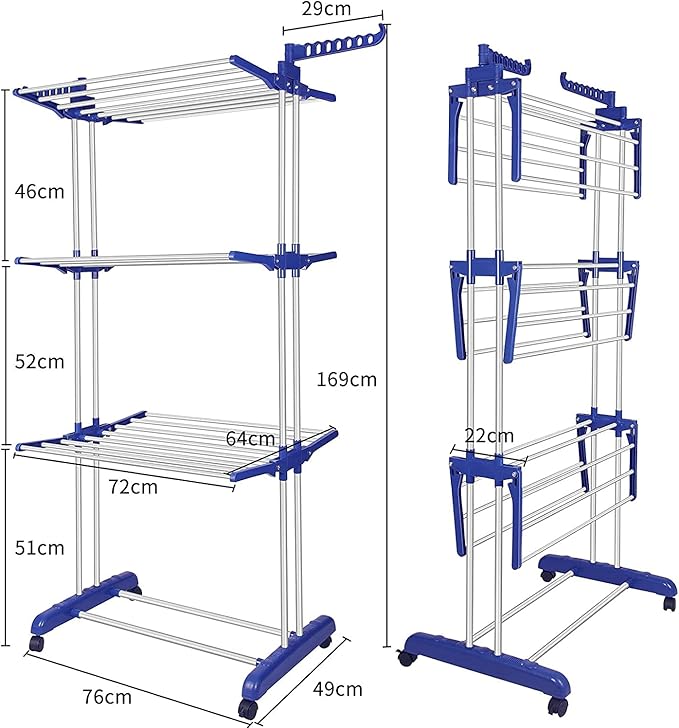 Bigzzia Clothes Drying Rack, Folding Stainless Steel Drying Rack Clothing Indoor Outdoor, Space-Saving, 4 Tier Laundry Drying Rack with Two Side Wings Grey Blue