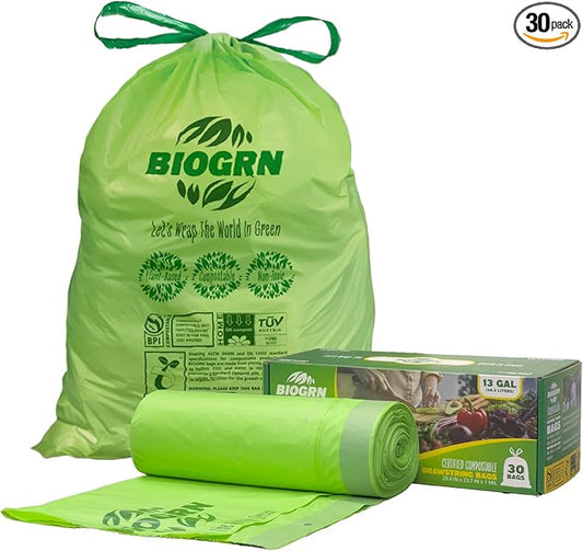 10-13 Gallon Compostable Trash Bags Drawstring 30 Bags Heavy Duty Extra Thick 1 Mil 49.21 Liter Tall Kitchen Food Scrap Waste Compost Bags Green ASTM D6400 US BPI and OK Compost Home Certified